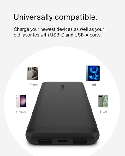 Belkin 10000mAh 15W 3 Port Power Bank, USB A to USB C Cable Included | Fast Charging, iPhone 17, Samsung Galaxy, Pixel, Airpods, iPad, Nintendo Switch 2, Battery Pack, USB C Port, USB A Port - color: Black