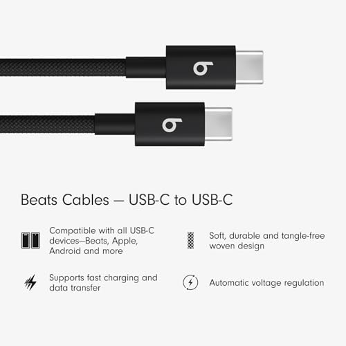 Beats USB-C to USB-C Woven Cable 2 Pack Fast Charging Durable/Tangle-Free Compatible Charger for Apple & Android Devices (1.5 m, 5 ft) - Bolt Black - color: Bolt Black, size: 5ft - 2 pack, style: USB-C to USB-C