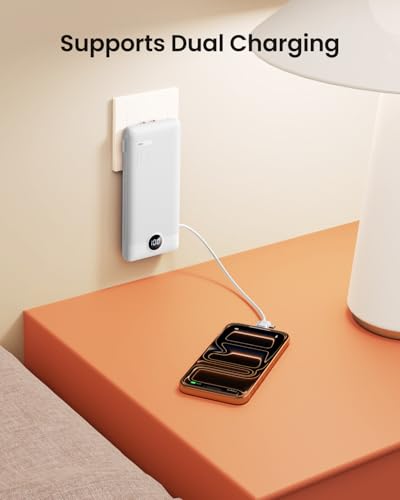 Portable Charger with Wall Plug, Slim USB C Power Bank with Built-in Cables, 10000mah LED Display External Battery Pack Compatible with iPhone/Android & More(White) - color: White