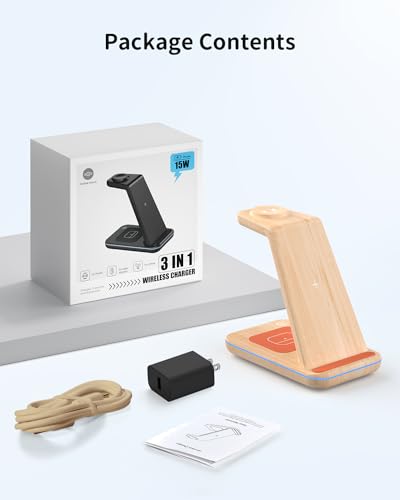 Wireless Charging Station for Apple Products: 3 in 1 Apple Wireless Charger for iPhone 16/15/14/13/12/11/SE/X Pro Max - Apple Watch Ultra/10/9/8/SE/7/6/5/4/3 - AirPods 2/3/4 Pro - color: Wooden