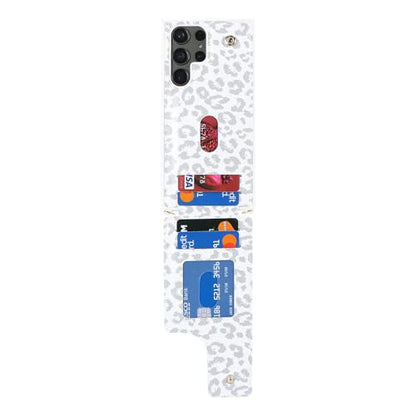 Lipvina for Samsung Galaxy S23 Ultra Case with Card Holder and Strap for Women,Crossbody Lanyard,Ring Stand,Snap Clasp,Cute Phone Wallet Cases 6.8 inch(White Leopard) | Cute Crossbody Lanyard Wallet,4 Card Holder,RFID Blocking,and a 360° Ring Kickstand.Li