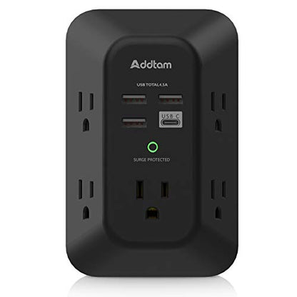 Addtam Surge Protector, Outlet Extender with 5 AC and 4 USB Ports, Black - style: 1C3A No PD