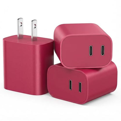 USB C Charger Block 3 Pack, Dual Port 20W Fast Wall Plug (Red) - color: Red