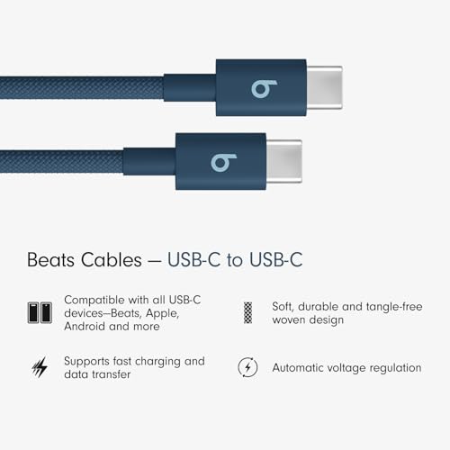 Beats USB-C to USB-C Woven Cable Fast Charging Durable/Tangle-Free Compatible Charger for Apple & Android Devices (1.5 m, 5 ft) - Nitro Navy - color: Nitro Navy, size: 5 ft, style: USB-C to USB-C