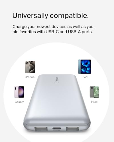 Belkin 10000mAh 15W 3 Port Power Bank, USB A to USB C Cable Included | Fast Charging, iPhone 17, Samsung Galaxy, Pixel, Airpods, iPad, Nintendo Switch 2, Battery Pack, USB C Port, USB A Port - color: Pearl Blue
