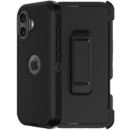 for iPhone 16 Phone Case, Military Grade Drop Protection Cell Phone Cover with Belt Clip Holster Stand, Screen Protector x2 Rugged Shockproof Kickstand for iPhone 16 Case 6.1 inch (Black) - color: Black