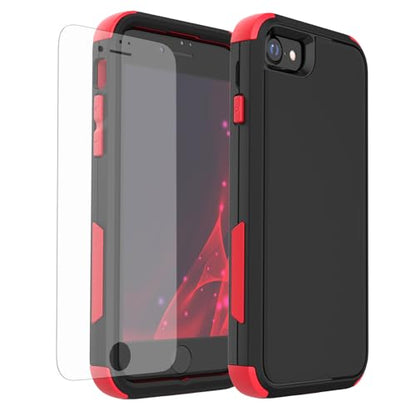 X-belmox Heavy Duty Phone Case for iPhone SE 2022 (3rd Gen) with Glass Screen Protector, 3 in 1 iPhone SE 2020 Case [Shockproof] Rugged Protective [Drop Proof] iPhone 7/8 case 4.7" - Black/Red - color: Black/Red