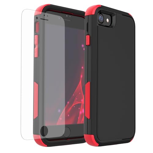 X-belmox Heavy Duty Phone Case for iPhone SE 2022 (3rd Gen) with Glass Screen Protector, 3 in 1 iPhone SE 2020 Case [Shockproof] Rugged Protective [Drop Proof] iPhone 7/8 case 4.7" - Black/Red - color: Black/Red