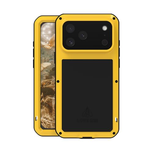 LOVE MEI for iPhone 17 Pro Max (6.9) Metal Case, Heavy Duty Metal Military Grade Shockproof Dustproof Full Body Case with Built in Tempered Glass Screen Protector for iPhone 17 Pro Max (Yellow) - color: Yellow