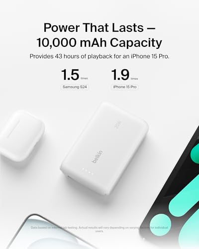 Belkin 10000mAh 20W USB C Power Bank, Portable Charger for iPhone & iPad - color: White, style: 10K mAh