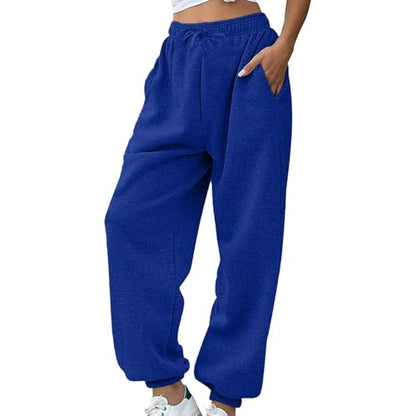 Women Sweatpants Solid Oversized Jogger Style Elastic Drawstring Waist Deep Pocket Soft Stretch Loose Fit Casual Sport Pants - color: Blue, size: Medium
