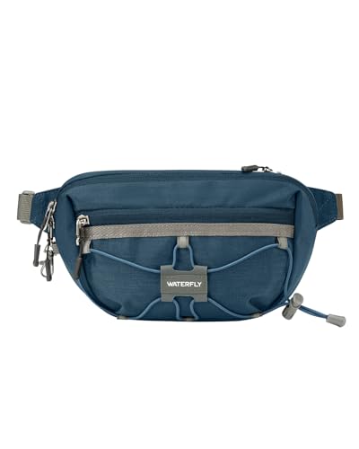 WATERFLY Small Fanny Pack RFID Blocking Travel Hiking Crossbody Waist Bag | Anti-theft design, Water resistant, Lockable zipper, Hidden rear pocket, Lightweight hip belt bag, EDC Running, Cycling, Gym - color: Dark Blue