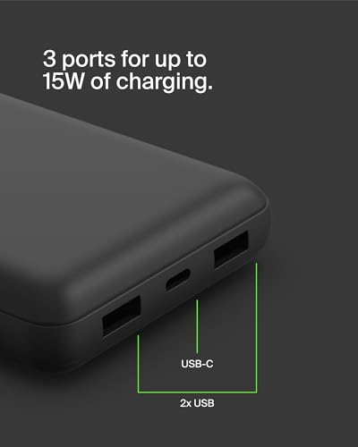 Belkin 20000mAh 15W 3 Port Power Bank, USB A to USB C Cable Included - color: Black