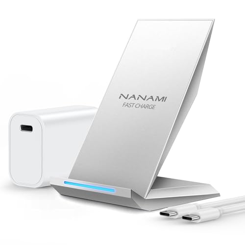 NANAMI Fast Wireless Charger, Charging Stand[with 20W PD Adapter] 7.5W Compatible with iPhone 18 Pro/18 Pro Max/17/17 Air/16/15/14/13/12, 10W for Samsung Galaxy S26/S26+/S25/S25 Ultra/S24/S23/S22 - color: Elegant Silver