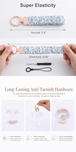 Blue Floral Scrunchie Wristlet Keychain– Tarnish-Resistant Key Ring - color: Blue Floral Wrist Keychain