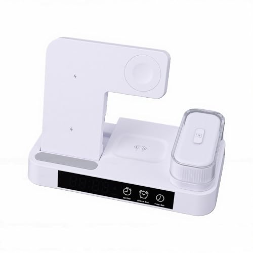 ASHATA 4 in 1 Wireless Charging Station 3 in 1 Stand with Digital Alarm Clock 7 Color Night Light for Phone Watch Earbuds (White) - color: White