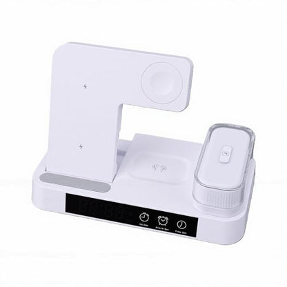 ASHATA 4 in 1 Wireless Charging Station 3 in 1 Stand with Digital Alarm Clock 7 Color Night Light for Phone Watch Earbuds (White) - color: White