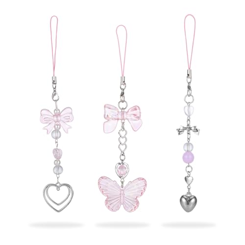 Pink Beaded Phone Wrist Straps, Y2K Phone Case Charms Camera Charm Strap, Lanyard Keychain Wristlet Aesthetic Cellphone Charm - style: 3 Pink Butterfly Metal Heart