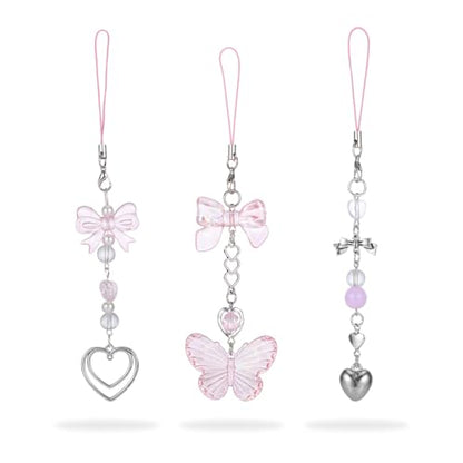 Pink Beaded Phone Wrist Straps, Y2K Phone Case Charms Camera Charm Strap, Lanyard Keychain Wristlet Aesthetic Cellphone Charm - style: 3 Pink Butterfly Metal Heart