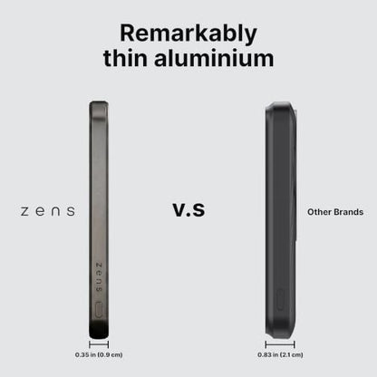 ZENS Magnetic Power Bank 10000mAh, MagSafe Battery Pack Qi2 15W Wireless Charger + 20W USB-C Slim Aluminium Portable Charger for iPhone Air/17/16/15/14/13/12 & AirPods, 12in Cable, Black - color: Black