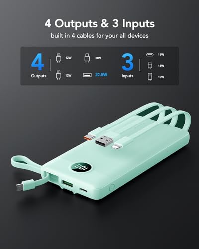 VRURC Portable Charger, 22.5W Fast Charging Power Bank Built‑in 4 Cables - color: Green