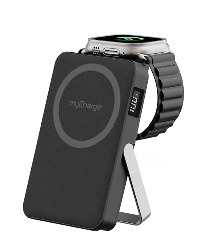 myCharge CliqLuxe Magnetic Wireless Power Bank 10,000mAh | iPhone & MagSafe Compatible | Qi2.2 25W Mag Safe Portable Charger | Built-in Stand | 2.5W Apple Watch Charger | Premium Black Fabric