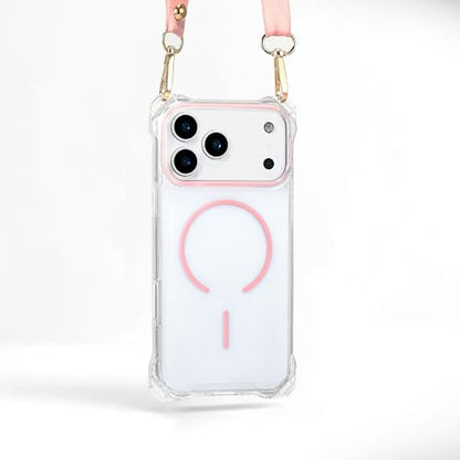 Magnetic for iPhone 17 Pro Max Crossbody Phone Case,Clear/Pink,Magnetic Soft Frame PC Back Shockproof Protective Phone Cover with Adjustable Detachable Lanyard,Compatible with MagSafe - color: Clear/Pink, size: iPhone 17 Pro Max