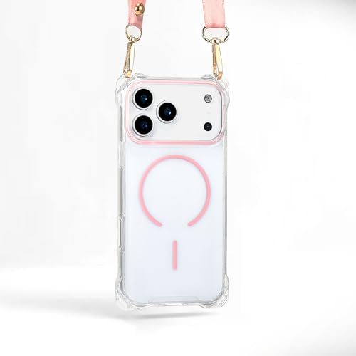 Magnetic for iPhone 17 Pro Max Crossbody Phone Case,Clear/Pink,Magnetic Soft Frame PC Back Shockproof Protective Phone Cover with Adjustable Detachable Lanyard,Compatible with MagSafe - color: Clear/Pink, size: iPhone 17 Pro Max