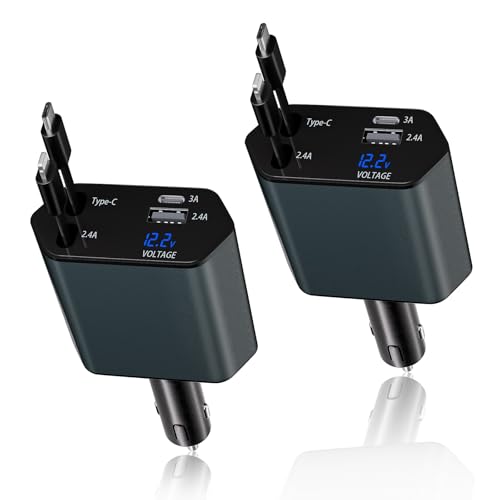 66W Retractable Car Charger Fast Charging,4 in 1 Car Charger USB Fast Charge with Retractable USB C Cable + Lightning Cable,USB C Port and USB A Port Car Phone Charging for iPhone 17/16/15/14/13,iPad