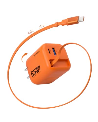 ChubbyCable 65W GaN Wall Charger with Retractable USB C Cable, Orange