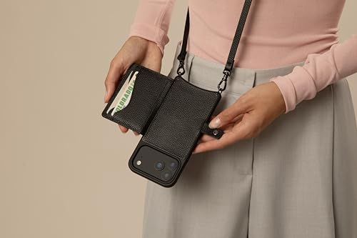 Bandolier Mila Leather Crossbody MagSafe Phone Case iPhone 17 Pro- Black/P | Crossbody leather phone case. Built-in card-holder. Adjustable & removable strap. MagSafe Design. Phone drop protection. - color: Black/Pewter, size: Iphone 17 Pro