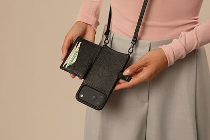 Bandolier Mila Leather Crossbody MagSafe Phone Case iPhone 17 Pro- Black/P | Crossbody leather phone case. Built-in card-holder. Adjustable & removable strap. MagSafe Design. Phone drop protection. - color: Black/Pewter, size: Iphone 17 Pro