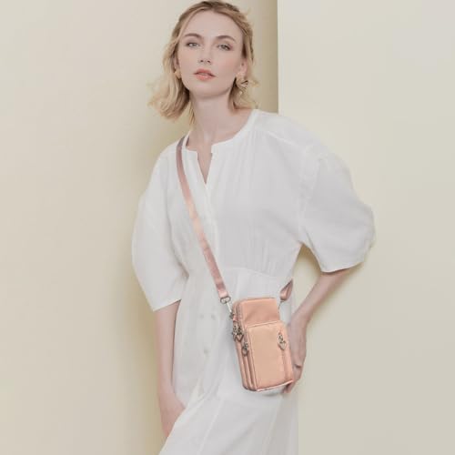 Small Crossbody Bag for Women, Multi Zip Pockets Nylon Wallet Purse Credit Card Holder with Detachable Hand Strap - color: Pink