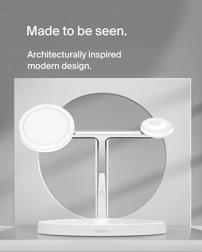 Belkin MagSafe 3 in 1 Wireless Charging Stand, 2nd Gen, 33% Faster - color: White, style: Chrome Finish
