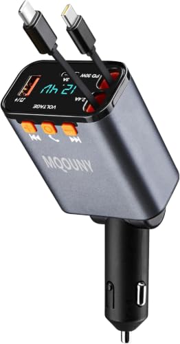 Retractable Car Charger,5 in 1 Fast Cars Phone Charger 60w,Bluetooth 5.3 FM Transmitter Adapter,Handsfree Call,MP3 Player,2 Retractable Cables and USB Chargers, for Phone,Galaxy,Pixel (Black) - color: Black