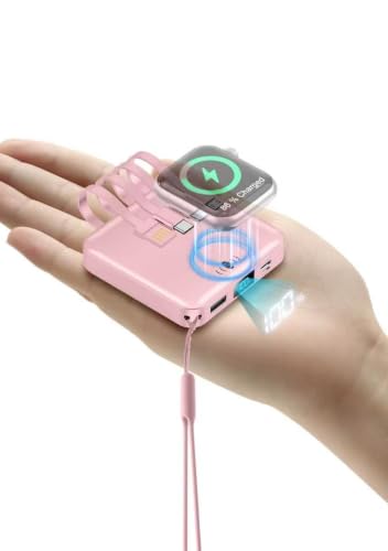 Mini Portable Charger for iWatch 12000mAh, Power Bank with Built-in Cables - color: Rose Pink