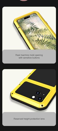 LOVE MEI for iPhone 15 Pro Max Case, Heavy Duty Rugged Full Body Protection Military Armor Bumper Aluminum Metal Dust/Shockproof Case with Tempered Glass (Yellow)