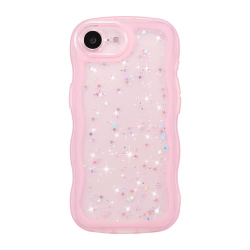 ZTOFERA for iPhone 16E/iPhone 17E Case 6.1",Cute Curly Wave Case with Star Glitter,Clear Shiny Bling Soft TPU Shockproof Phone Protecive Cover for Women Girls-Pink - color: Pink, size: for iPhone 16E/iPhone 17E 6.1"