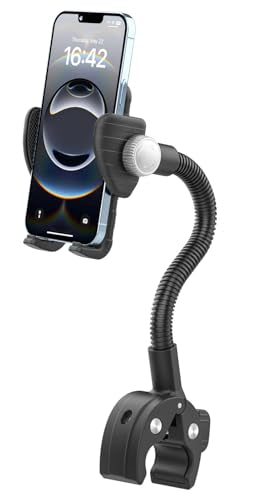 Gooseneck Phone Holder Mount for Wheelchair/Stroller/Boat/Treadmill/Spin Bike/Mic Stand, Cell Phone Handlebar Clamp with Adjustable Arm for iPhone 16 Pro Max, Galaxy, All 4-7" Smartphone
