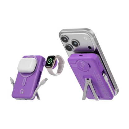 Q Magnetic Wireless Portable Charger 10,000mAh, Travel Essentials Power Bank with Built-in Cables & Foldable Stand, External Battery Pack Compatible with iPhone 17/16/15/14/13/12, Apple Watch - color: Purple