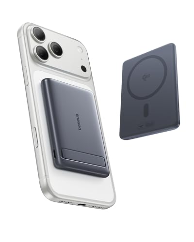 Baseus Picogo Power Bank, Smallest Qi2 Certified 15W MagSafe Portable Charger, 0.5" Ultra Slim 5000mAh Magnetic Battery Pack with Stand, Alloy Wireless Charger for iPhone 17 Pro Max/17 Air/17e Series - color: Grey