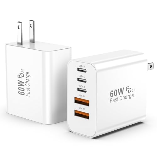 GREPHONE USB C Fast Charger Block,2Pack 60W 5-Port Multiport Charging Block