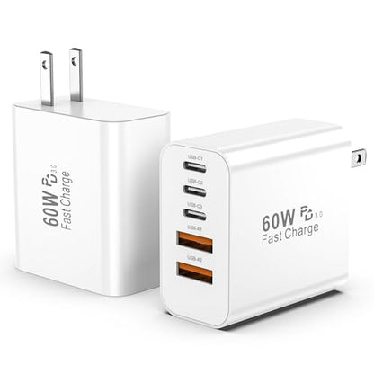 GREPHONE USB C Fast Charger Block,2Pack 60W 5-Port Multiport Charging Block