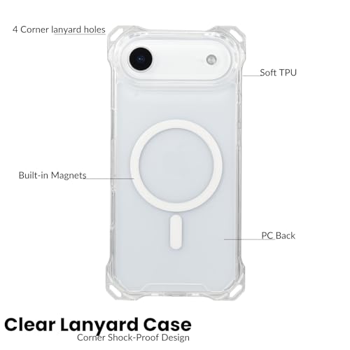 Magnetic for iPhone Air Crossbody Phone Case,Clear,Magnetic Soft Frame PC Back Shockproof Protective Phone Cover with Adjustable Detachable Lanyard,Compatible with MagSafe - color: Clear, size: iPhone Air