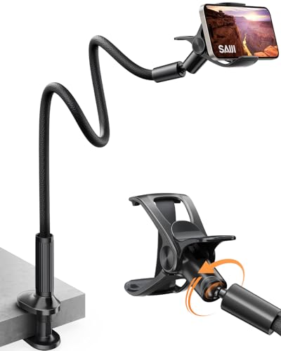 SAIJI Gooseneck Phone Holder for Bed Overall Length 38.6” Flexible Leather Wrapped Arm Overhead Cell Phone Mount Stand with 360° Adjustable Clamp Clip, Compatible with All 4-7” Cellphones (Black) - color: Black, size: 38.6 in