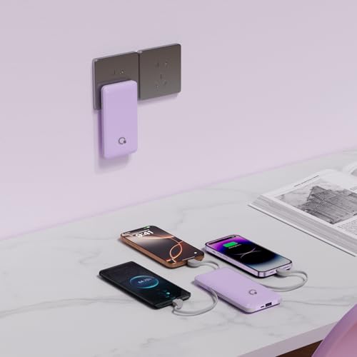 Portable Charger with Built-in Cables and AC Wall Plug, USB C External Battery Pack, 10000mAh Travel Essentials Power Bank Compatible with iPhone17/16/15/14/13, Samsung Galaxy, Pixel,Tablet and More - color: Purple
