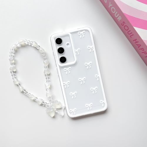 NITITOP Compatible with Samsung Galaxy S24 Plus Case Clear Ribbon Bow Knot Pattern for Girls Women Bowknot Durable with Chain Wrist Strap Soft TPU Shockproof Protective Phone Cover - White - color: White, size: Samsung Galaxy S24 Plus