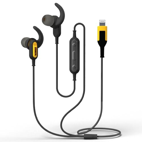 DEWALT Heavy Duty Earphones for Lightning, Compatible w/Apple iPhone Headphones Wired, Jobsite Water-Resistant for iPhone Headphones Wired Lightning, Corded Earphones for iPhones 14 and Older
