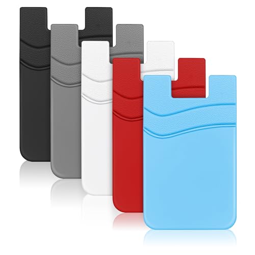SHANSHUI Phone Wallet Stick on, Card Holder for Back of Phone Double Silicone Credit Business Card Sleeve Pocket Compatible for iPhone, Samsung Galaxy and Every Smartphones (MultiColors-5pcs) - color: Light-blue+Black+White+Grey+Red