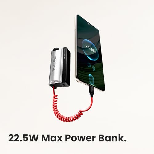 Sharge 22.5W 5000mAh Power Bank with Camera Grip, Built-in Coiled USB-C Cable, Detachable Remote, Handle Holder for iPhone & Android Smartphone